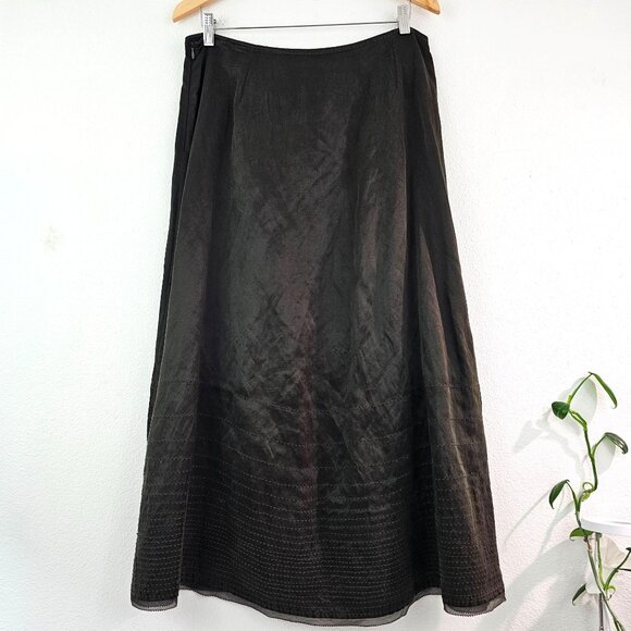 Eileen Fisher Silk/Linen Satin Weave Wonderland A-Line Skirt Sz L Olive Casual - Picture 9 of 14
